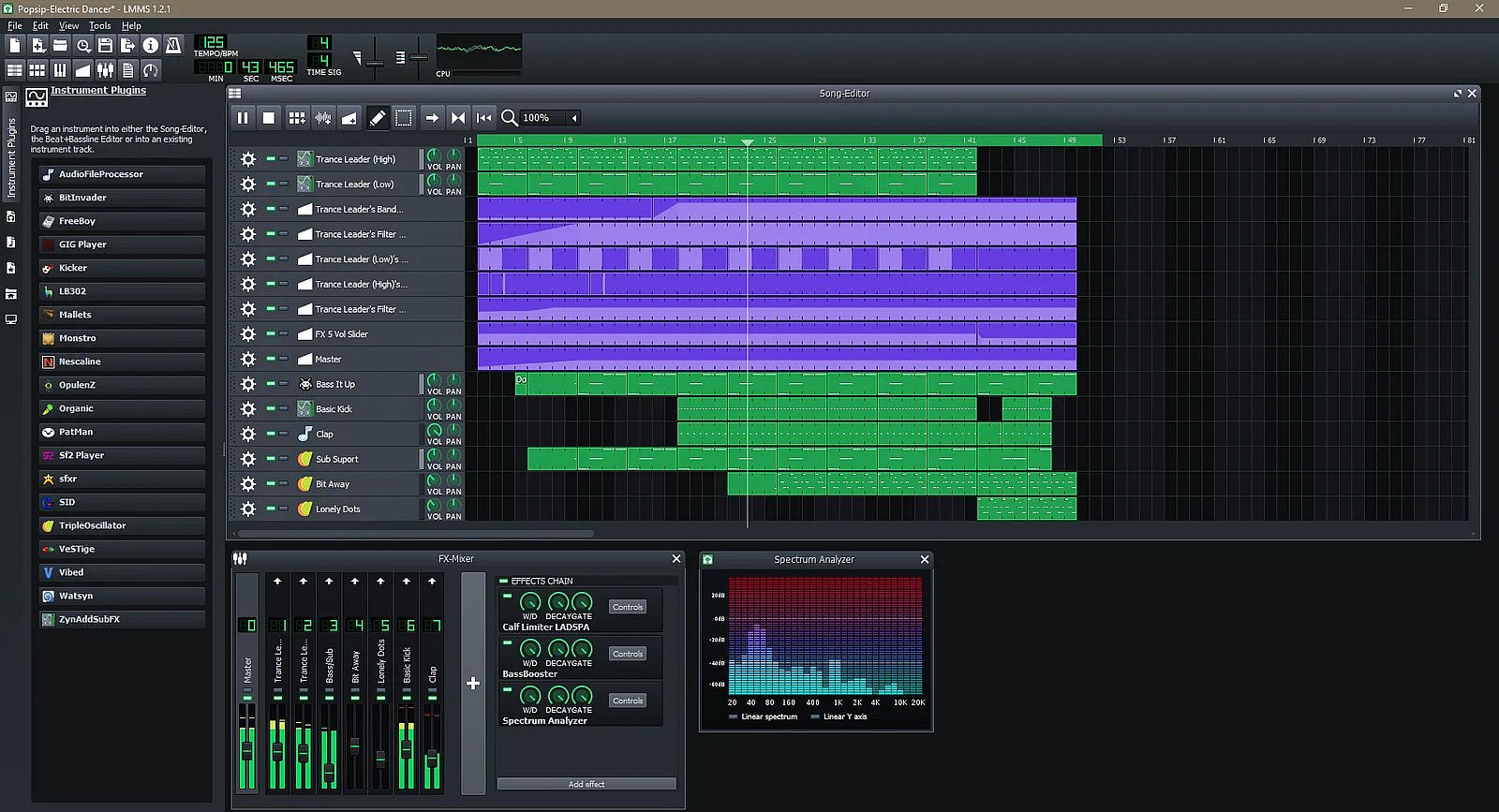 Zrzut ekranu programu LMMS z ścieżkami, mikserem i instrumentami