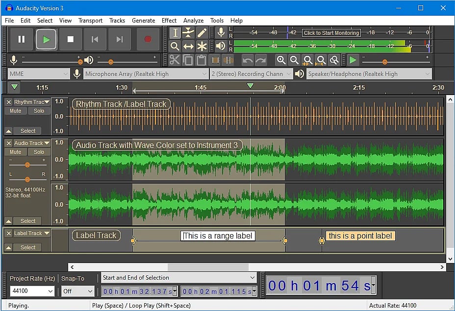 Okno programu Audacity z trzema ścieżkami: rytmiczną, audio i etykiet