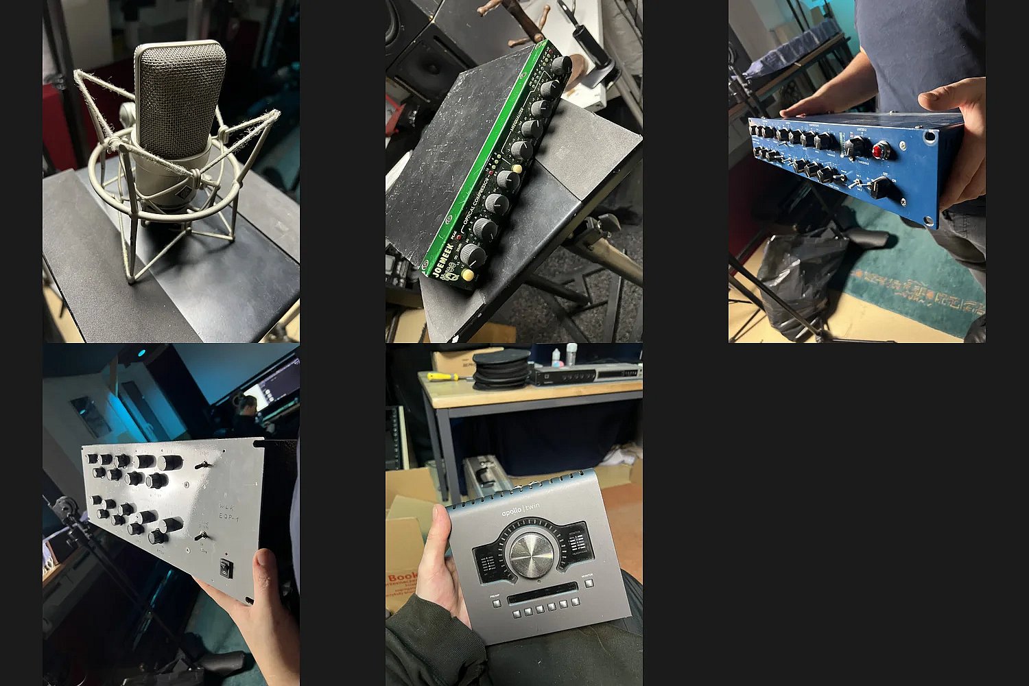 Pięć zdjęć sprzętu: mikrofon Neumann TLM 170, Joemeek ThreeQ, Tube-Tech LCA 2B, Pultec EQP-1 i Apollo Twin MK2